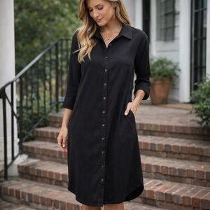 Anthropologie Postage Stamp Black Long Sleeve Shirt Dress Shirtdress size Med